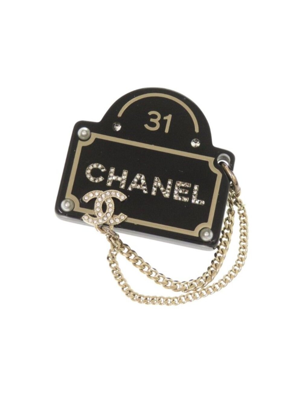 Chanel CC Logo Faux Pearl Stone Silver S Brooch